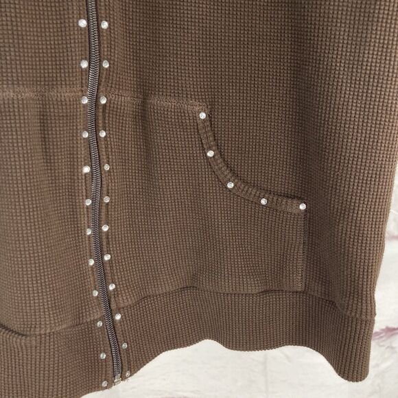 Quacker Factory Vest SZ M Women's Sleeveless Brown Waffle Hoodie Rhinestones Zip - Picture 3 of 11